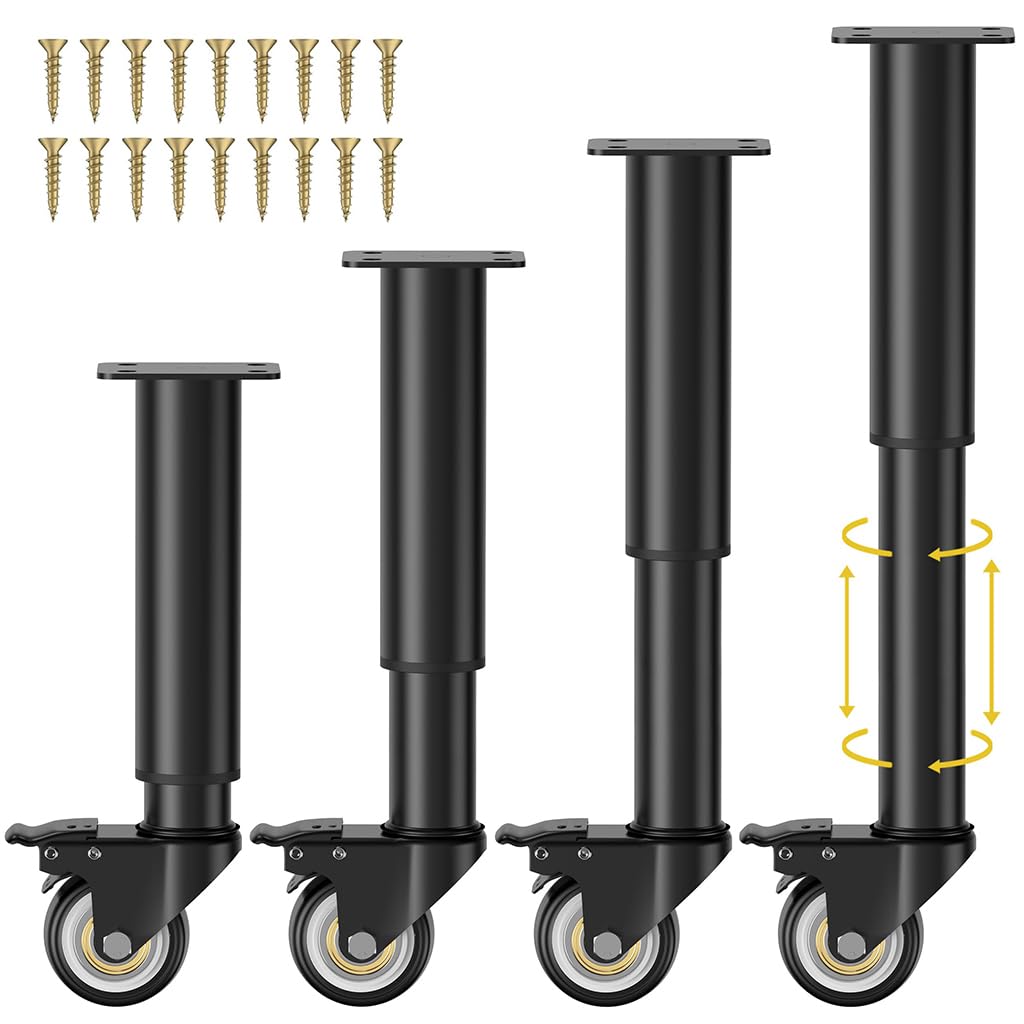 HASTHIP® 4Pcs Furniture Legs 7-12 inch Metal Adjustable Furniture Legs with 360 ° Swivel Caster Wheels, 400KG Heavy Duty Metal Furniture Support Legs Bed Frame Support Legs for Cabinet/Sofa/Bed/Table