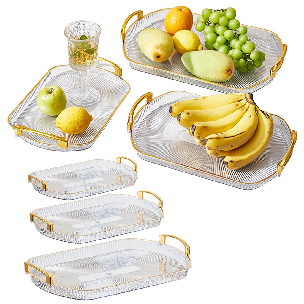 Supvox® Home Serving Tray Set of 3Pcs Clear Serving Tray with Golden Handles 3 Sizes Shallow Serving Tray Fruit Serving Tray Buffet Serving Food Tray Food Grade Reuseable Serving Tray for Sliced Fruit