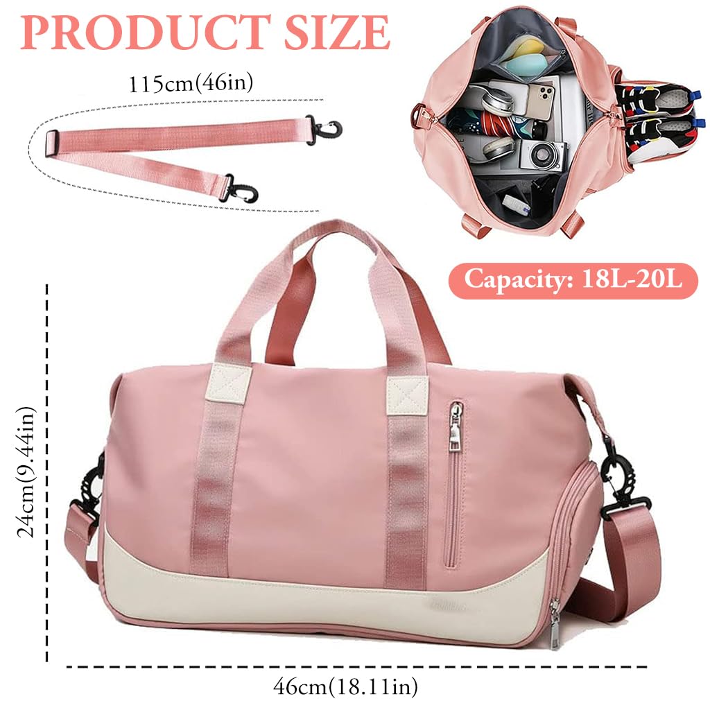 ZIBUYU Gym Bag for Women with Shoe Compartment and Detachable Strap | 47x22x25cm Travel Duffle