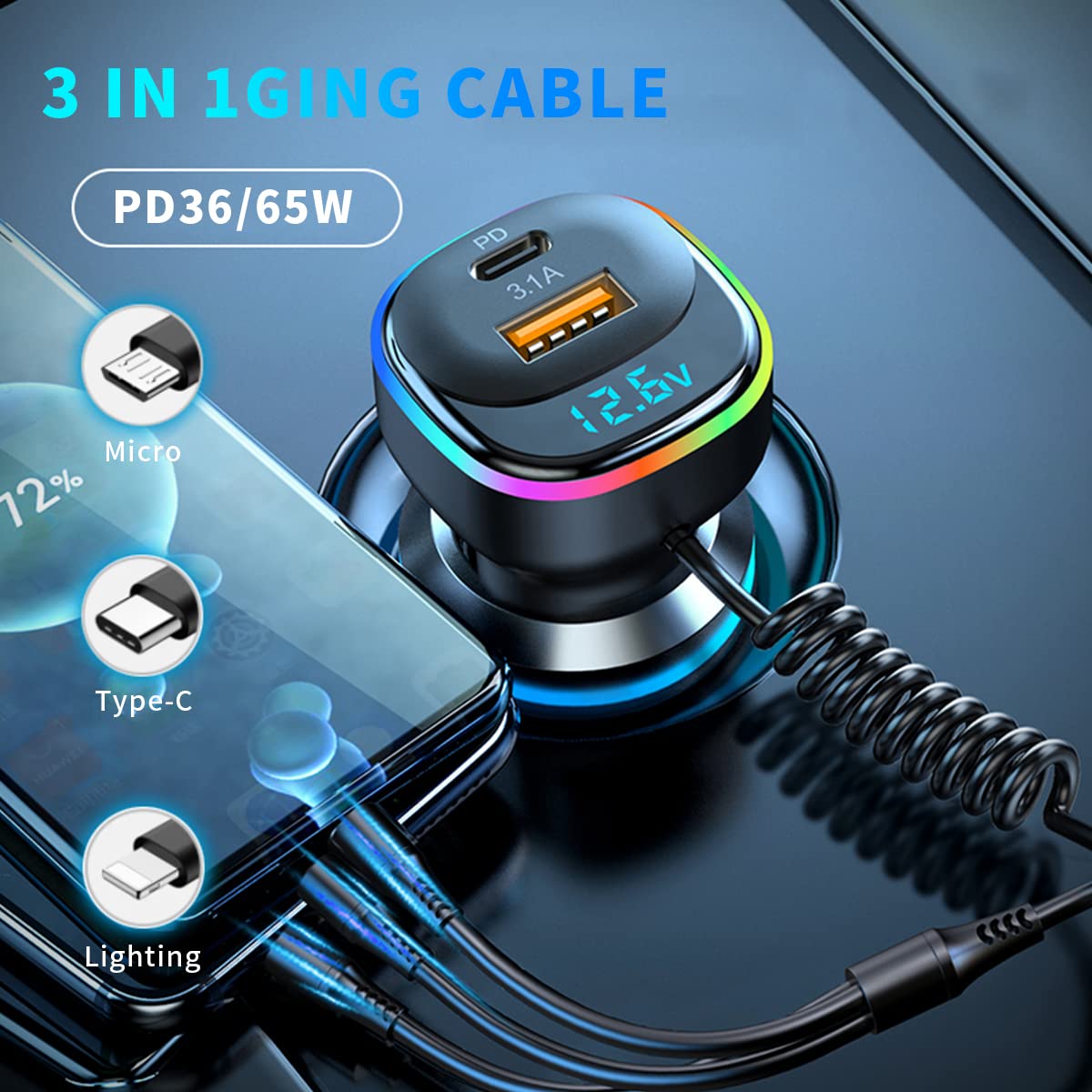 STHIRA Car Charger for 12V and 24V Vehicles with 65W PD Port and 5ft 3‑in‑1 Cable | Multi‑Device Fast Charging