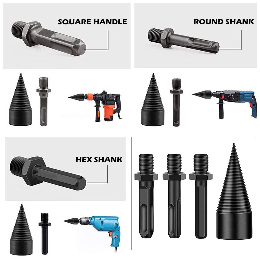 Supvox Wood Splitter Drill Bit Set for Firewood with 32mm Pointed Head and 3 Adapters | High Carbon Steel