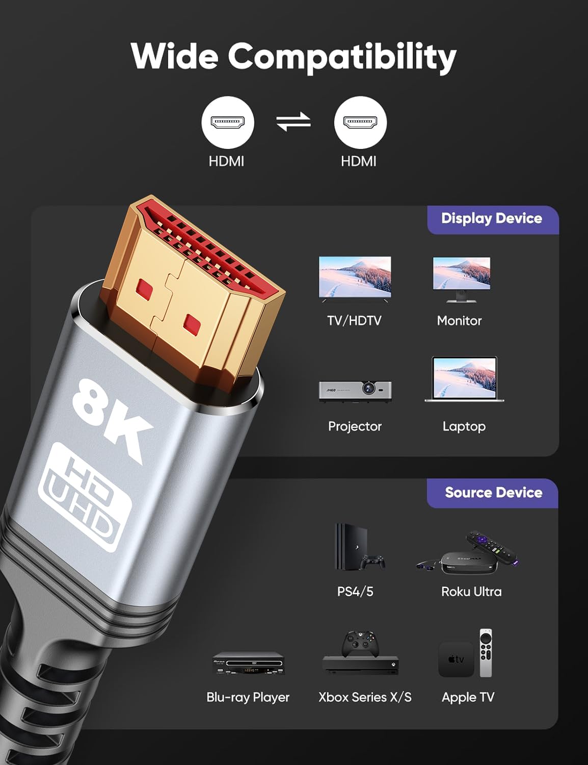 Verilux HDMI Cable 2.1 for Gaming and 8K60Hz Displays featuring 48Gbps and 24K Gold Connectors