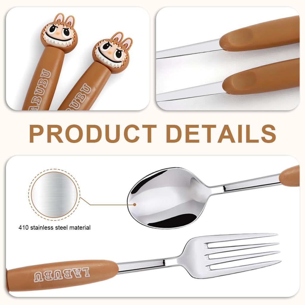 Supvox Fork and Spoon Set with Cartoon Handles and Storage Case for School & Picnic | Stainless Steel Utensils for Kids