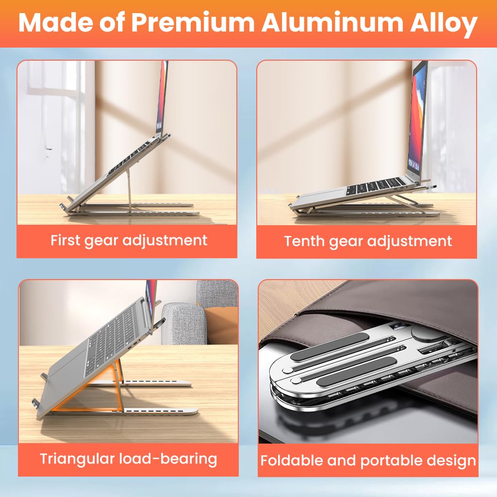 ZORBES Laptop Riser Stand with 10 Height Levels for Desk Use featuring Ergonomic Aluminum Design