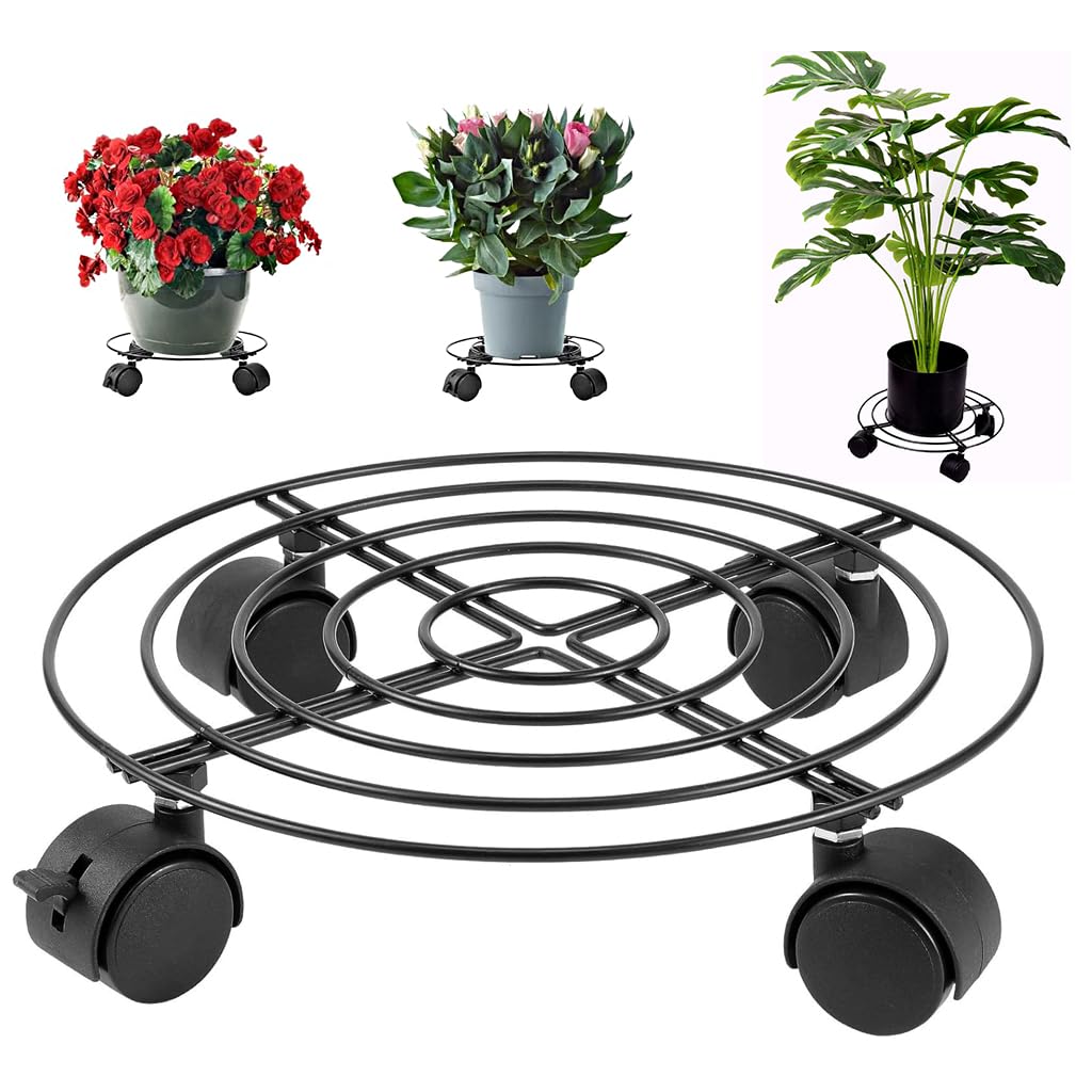 HASTHIP® Plant Caddy On Wheel 10.6 inches Coil Wire Round Metal Plant Stand with Brake Wheels 360 Degree Moving Plant Caddy On Wheel Planter Stand Metal Plant Stand for Outdoor Indoor