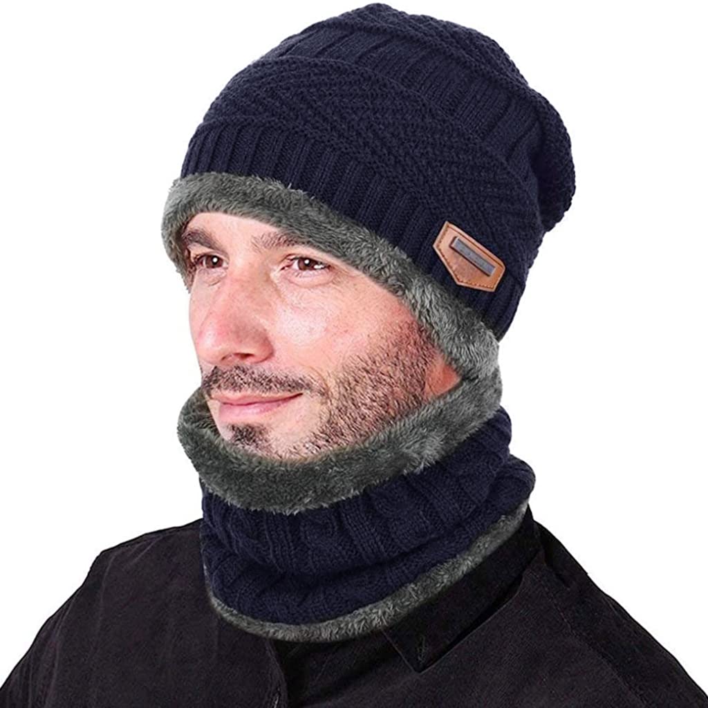 ZIBUYU® Winter Cap for Men and Women Warm Knitted Cap with Neck Gaiter Knitted Scarf, Warm Winter Cap Scarf Set Beanie Cap Neck Warmer Scarf Winter Cap and Neck Warmer (Navy Blue)