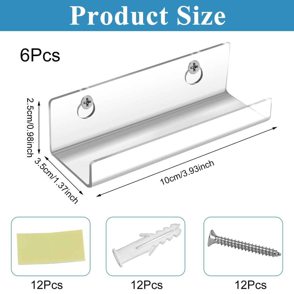HASTHIP Vinyl Record Shelf Wall Mount for Home Display with 4 inch Clear Acrylic Holders | Set of 6