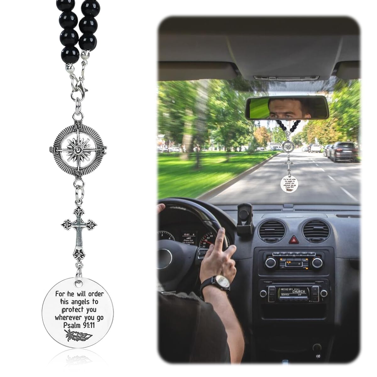 STHIRA Guardian Angel Cross Car Mirror Hanging Charm with Compass Pendant | Spiritual Interior Decor Gift