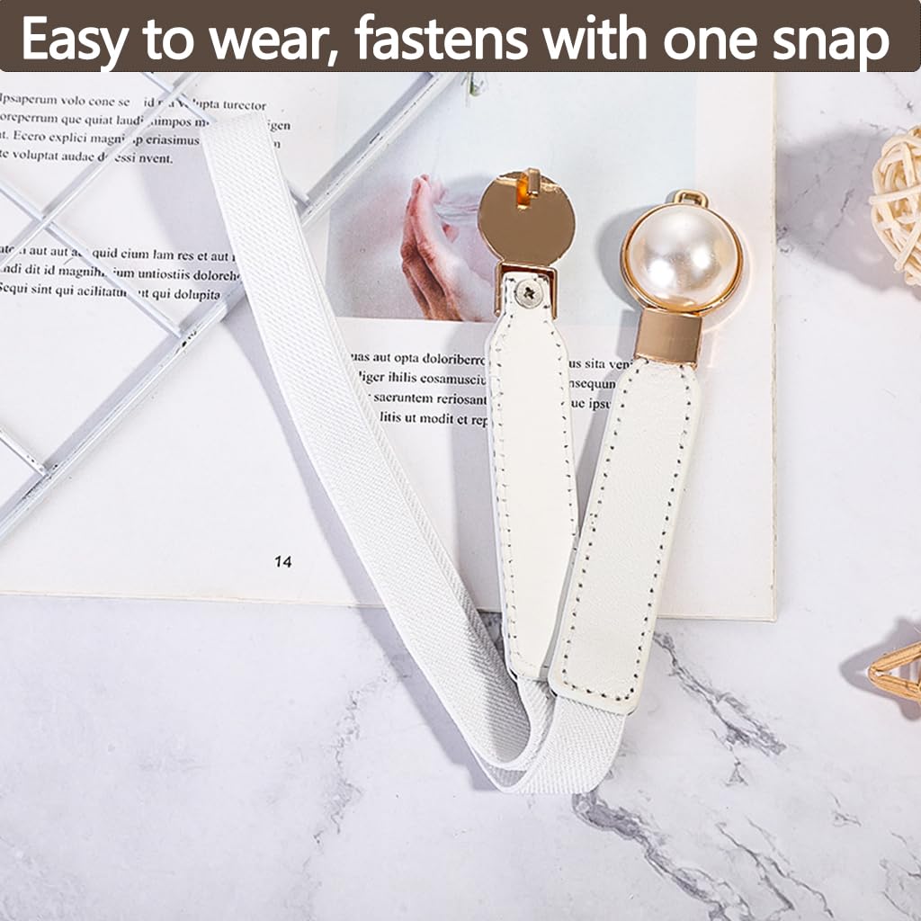 Zibuyu Women Skinny Waist Belt for Dresses with Gold Pearl Buckle 60–80cm Adjustable | White PU Faux Leather Elastic Design