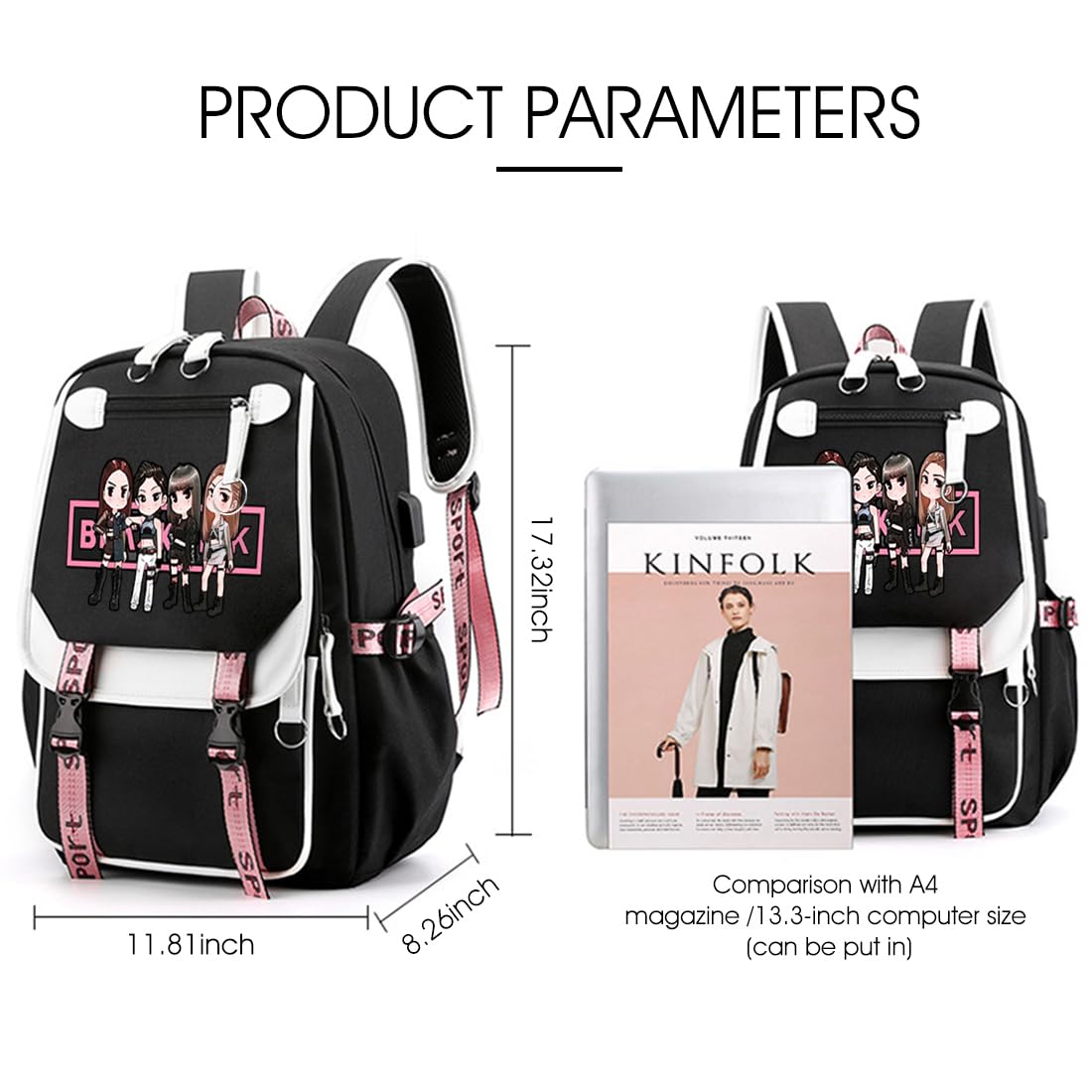 PALAY® Blackpink School Backpack For Girls School Bag With Usb Charging & Headset Port Kpop Idol Print Laptop Backpack College School Bookbag For Boys