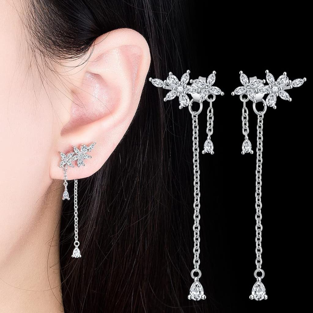 Zibuyu Earrings for Women featuring Flower Design with Tassel Chain and Rhinestones | 1 Pair