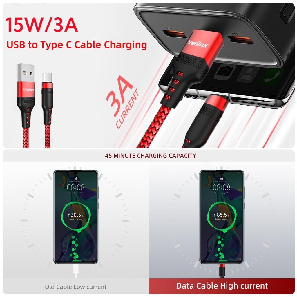 Verilux Type C Charging Cable for iPhone 15 with 16.4ft Extra Long Nylon Design | 2PCS