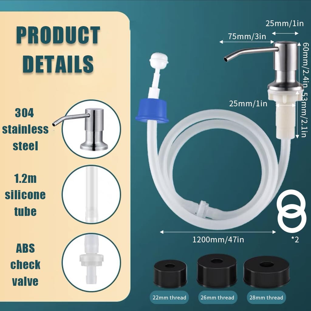 HANNEA Soap Dispenser for Kitchen Sink with 47 in Silicone Tube and 360° Rotatable Pump | Stainless Steel
