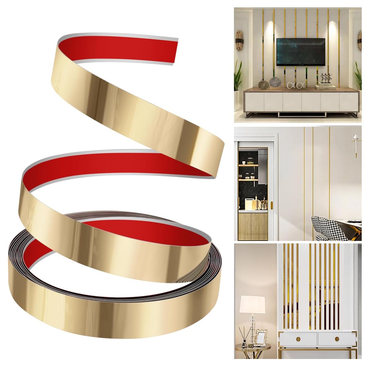 HASTHIP Wall Trim Strip for DIY Decoration with 16.4ft Self Adhesive 201 Stainless Steel Golden Mirror Finish