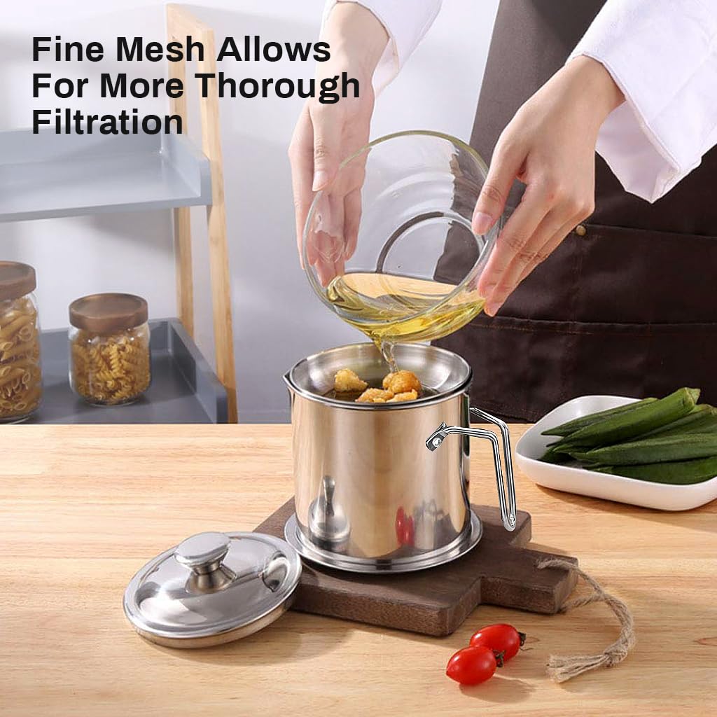 HASTHIP Oil Strainer for Kitchen Grease Storage with Fine Mesh Filter and Lid 1.3L 304 Stainless Steel