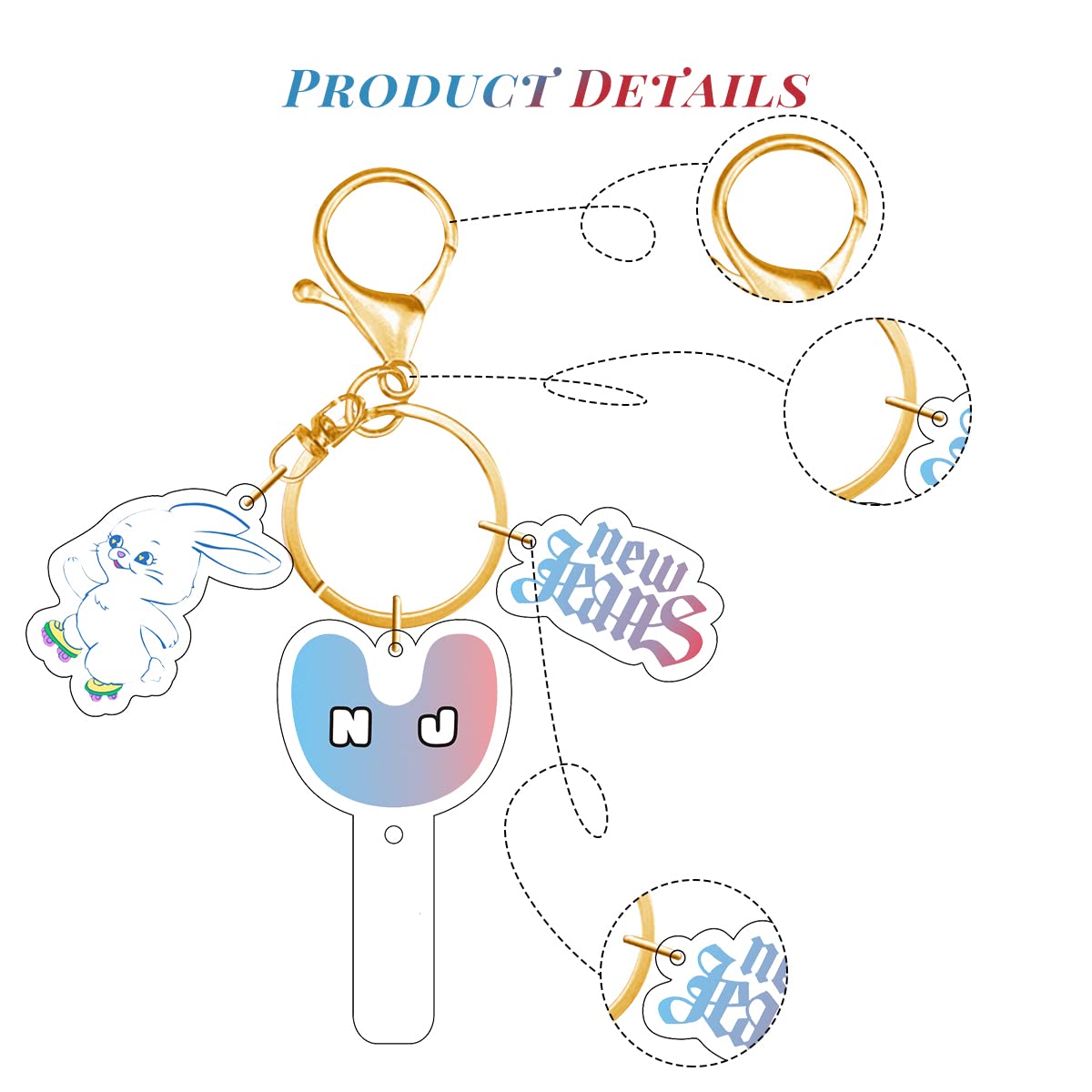 HASTHIP NewJeans Keychain with Acrylic Bunny Icon and NJ Light Stick | Golden Gift for Fans