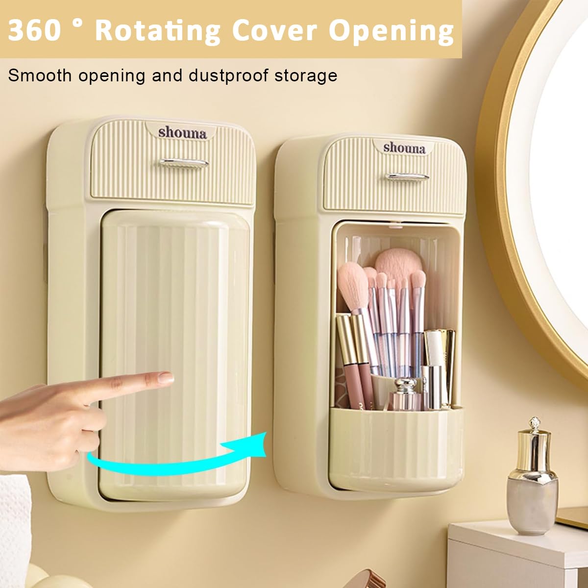 Venzina Wall Mounted Makeup Brush Holder for Bathroom featuring 360° Rotating Organizer | Self Adhesive Drawer Design
