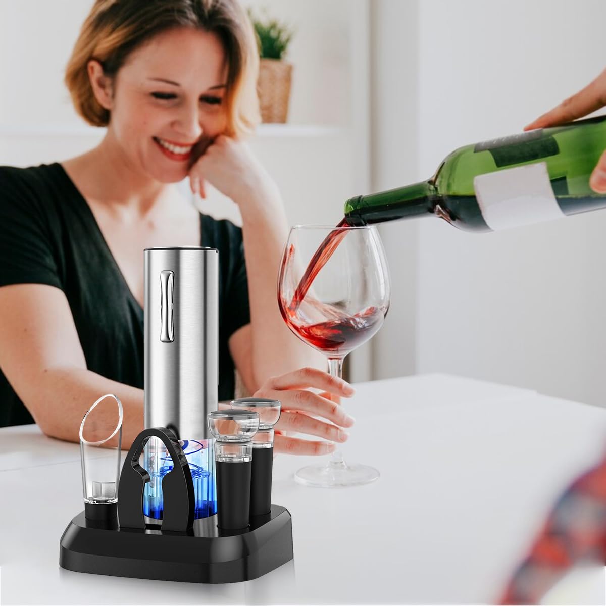 HASTHIP® Electric Wine Opener with Charging Base, Rechargeable Automatic One-Button Corkscrew Opener Kit with Foil Cutter, 2pcs Vacuum Stopper and Wine Aerator Pourer for Home Party Wedding