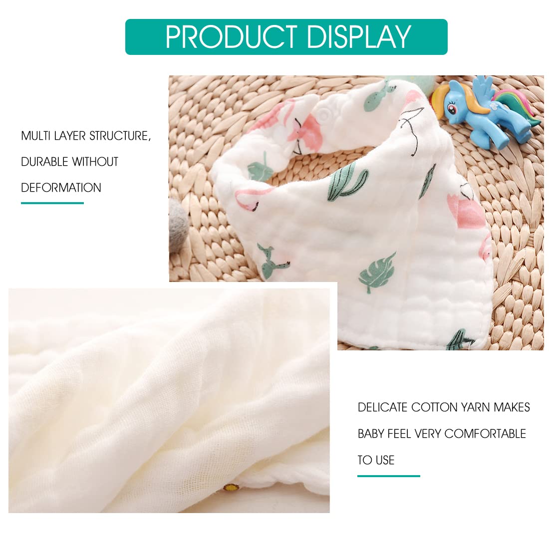 SNOWIE SOFT Baby Bibs for Drooling and Feeding with 8 Cotton Layers, 5pcs Set | Adjustable Snaps for 6–24 Months