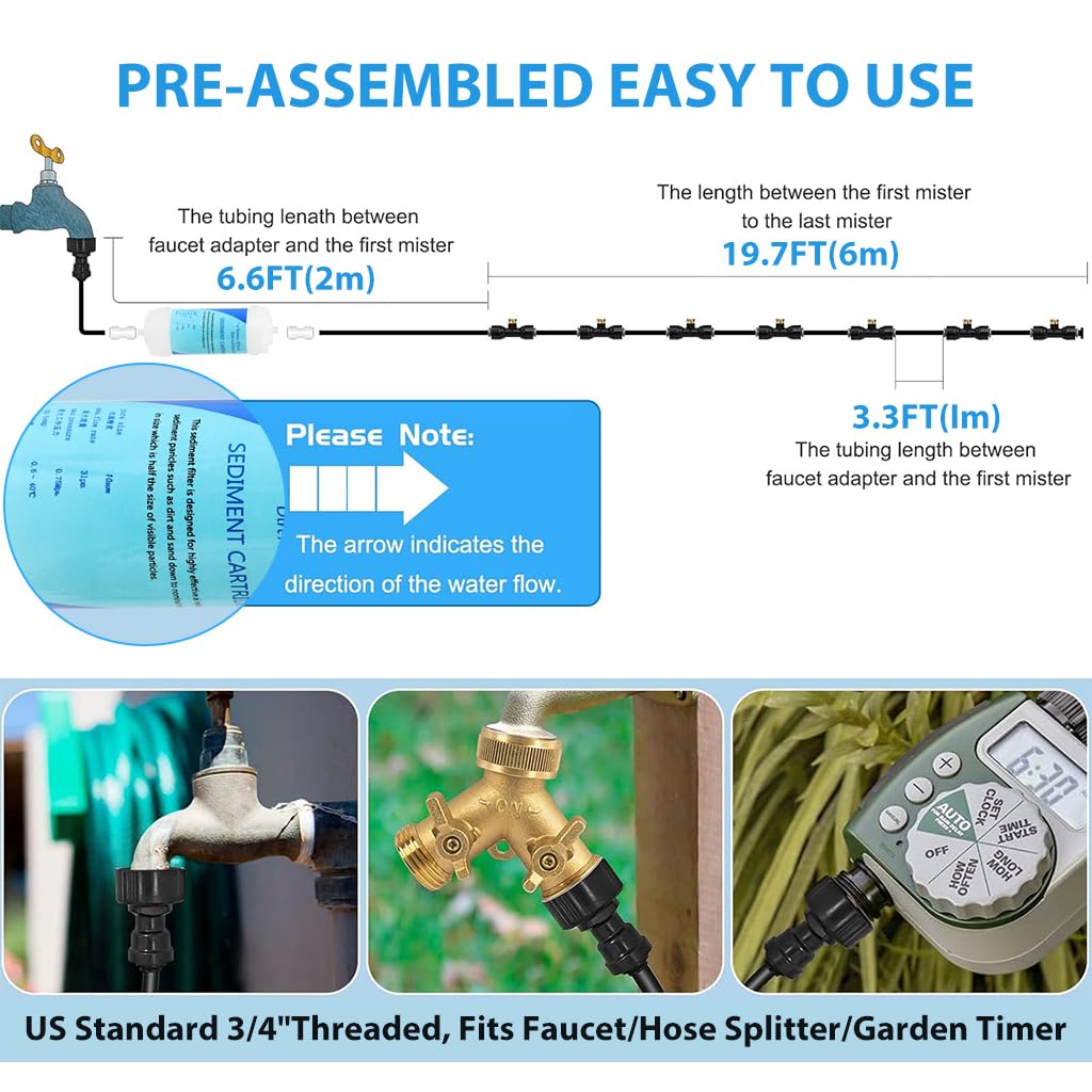 HASTHIP Cool Mist Spray System for Outdoor Cooling with 26ft Hose and Built in Water Filter | Patio and Garden Irrigation Kit