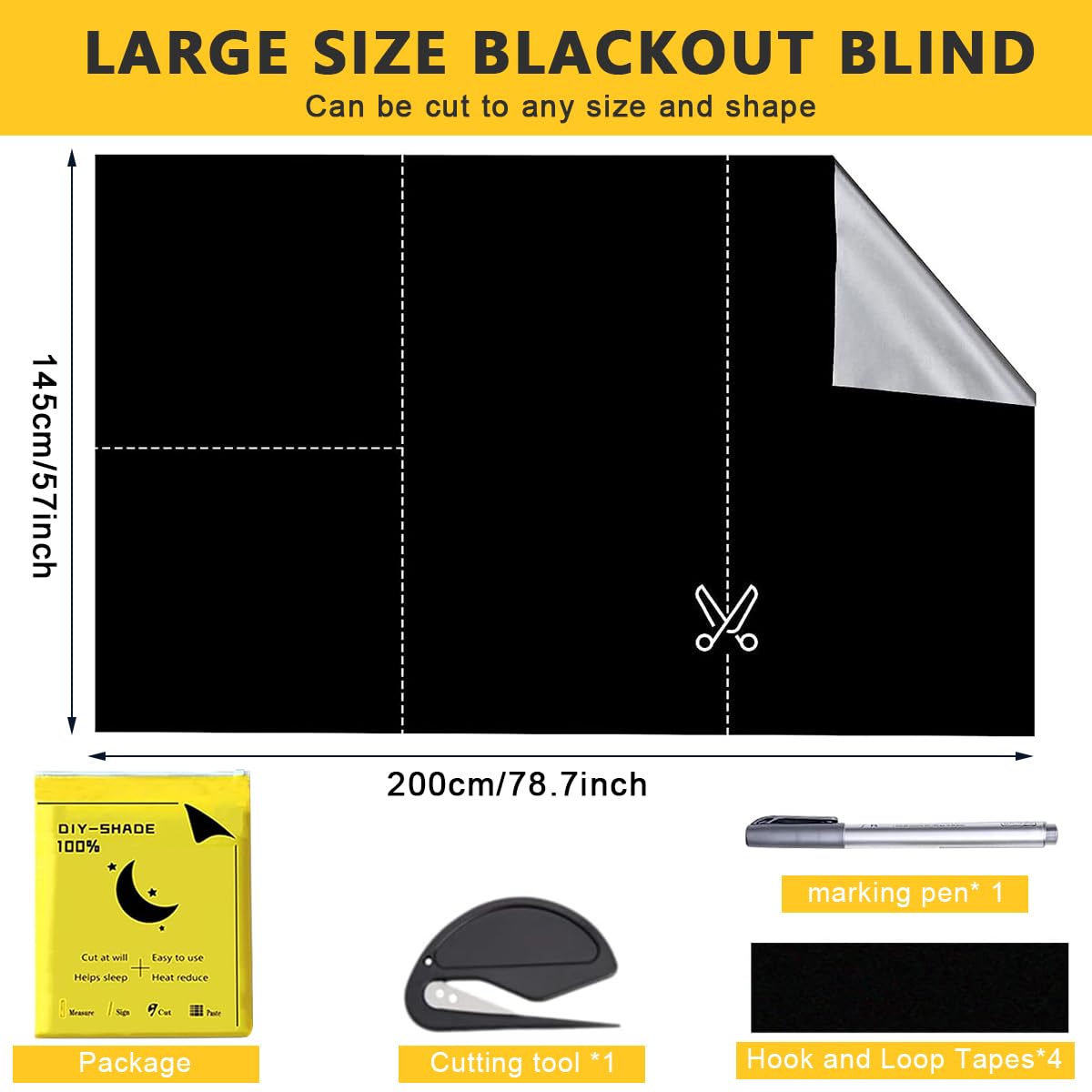 HASTHIP Blackout Window Shade for Car and Home with Self Adhesive Hook and Loop | 1.45x2m UV Protection 420D Oxford Cloth