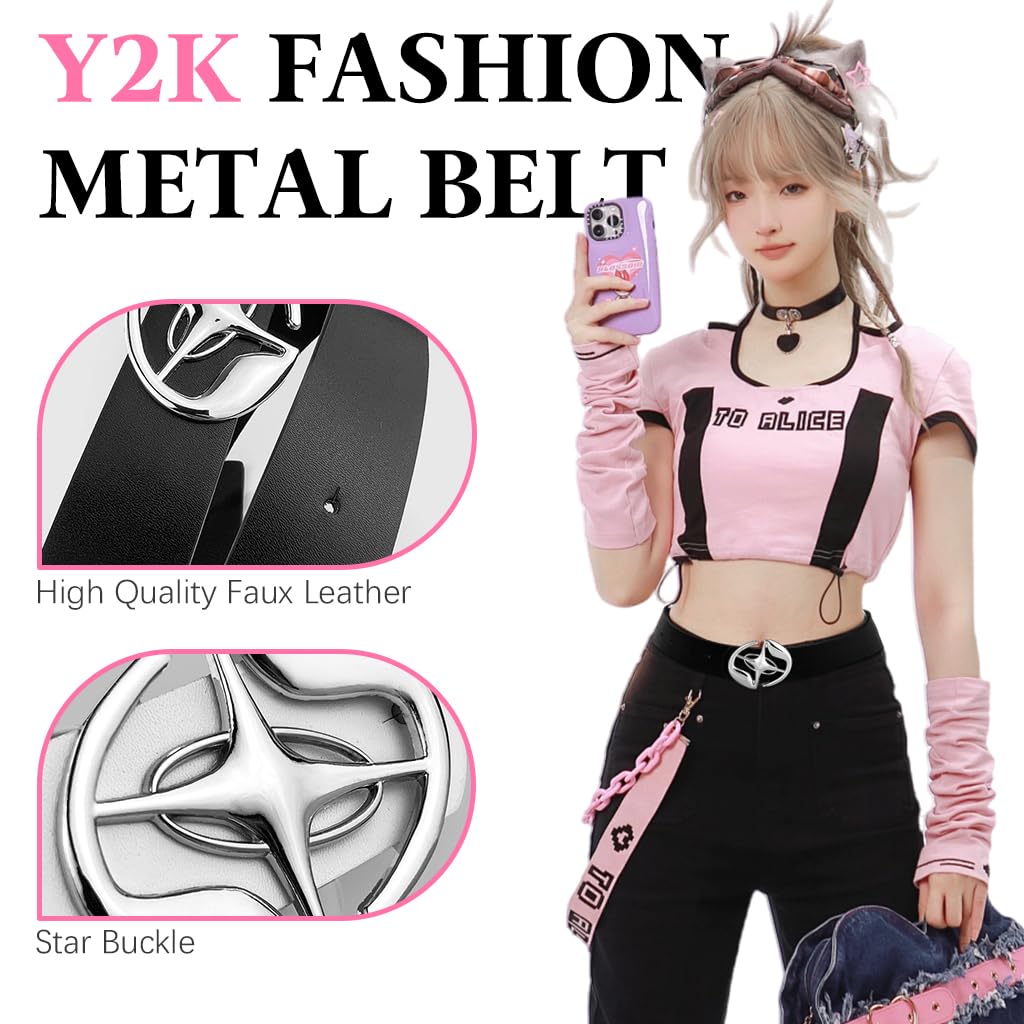 Venzina® 2Pcs Y2K Belt for Women Jeans, Casual Waist Belt for Women Dresses, Fashion PU Leather Women belts for jeans pants, Metal Buckle Belt for Teen Girls Trousers, Dress (Black & White)