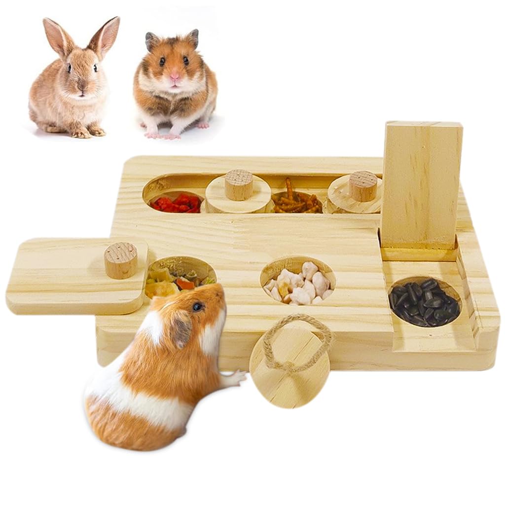 Qpets Guinea Pig Foraging Toy with 6 Compartment Slow Feeder in Wood for Small Pets | 7x5 in