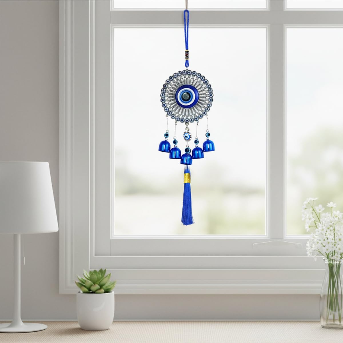 ZIBUYU Blue Evil Eye Hanging Ornament for Home and Car with Metal Frame & Glass Amulet | Decorative Wall Charm for Protection and Good Luck