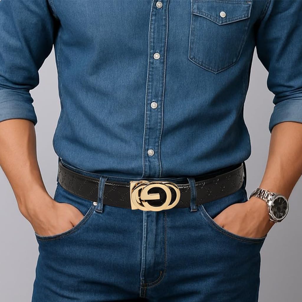 GUSTAVE Leather Belt for Men with Auto Lock Gold Buckle 130cm Length | Embossed Black Style