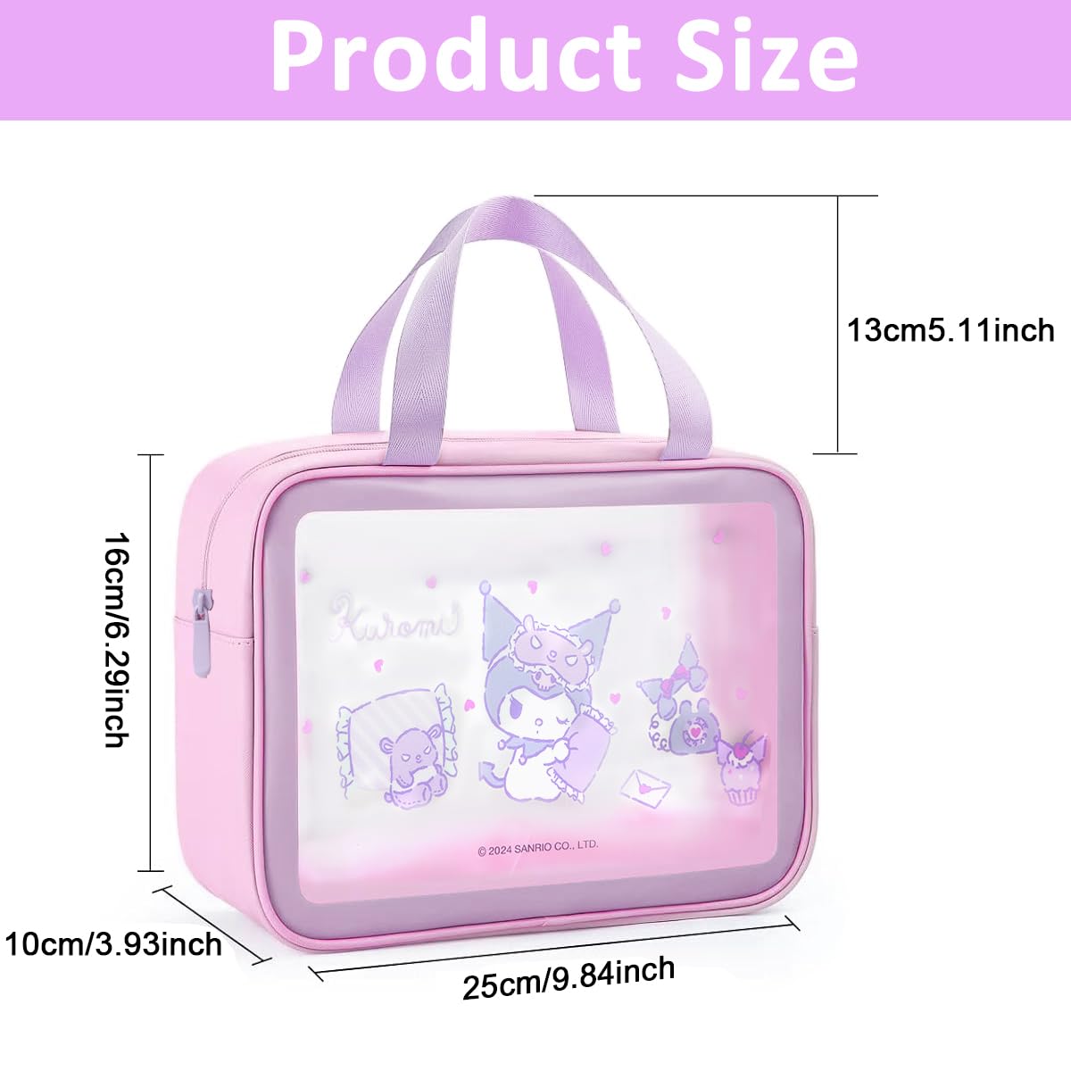 MAYCREATE® Travel Toiletry Bag Cartoon Kuromi Purple Print Toiletry Bag Makeup Organizer Bag Bathroom Shower Caddy Bag PVC Transparent Waterproof Travel Toiletry Zipper Pouch with Handle, 25x16x10cm