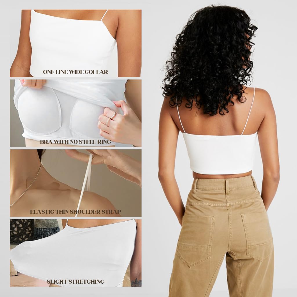 PALAY Women's Seamless Tank Top with Built in Bra featuring Cotton Spaghetti Straps in White
