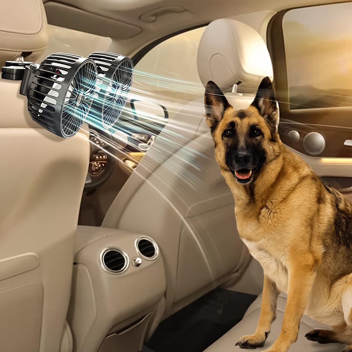 STHIRA Car Fan for Backseat Cooling with Dual Rotating Heads and 3 Speed USB Power | 360° Adjustable Headrest Mount