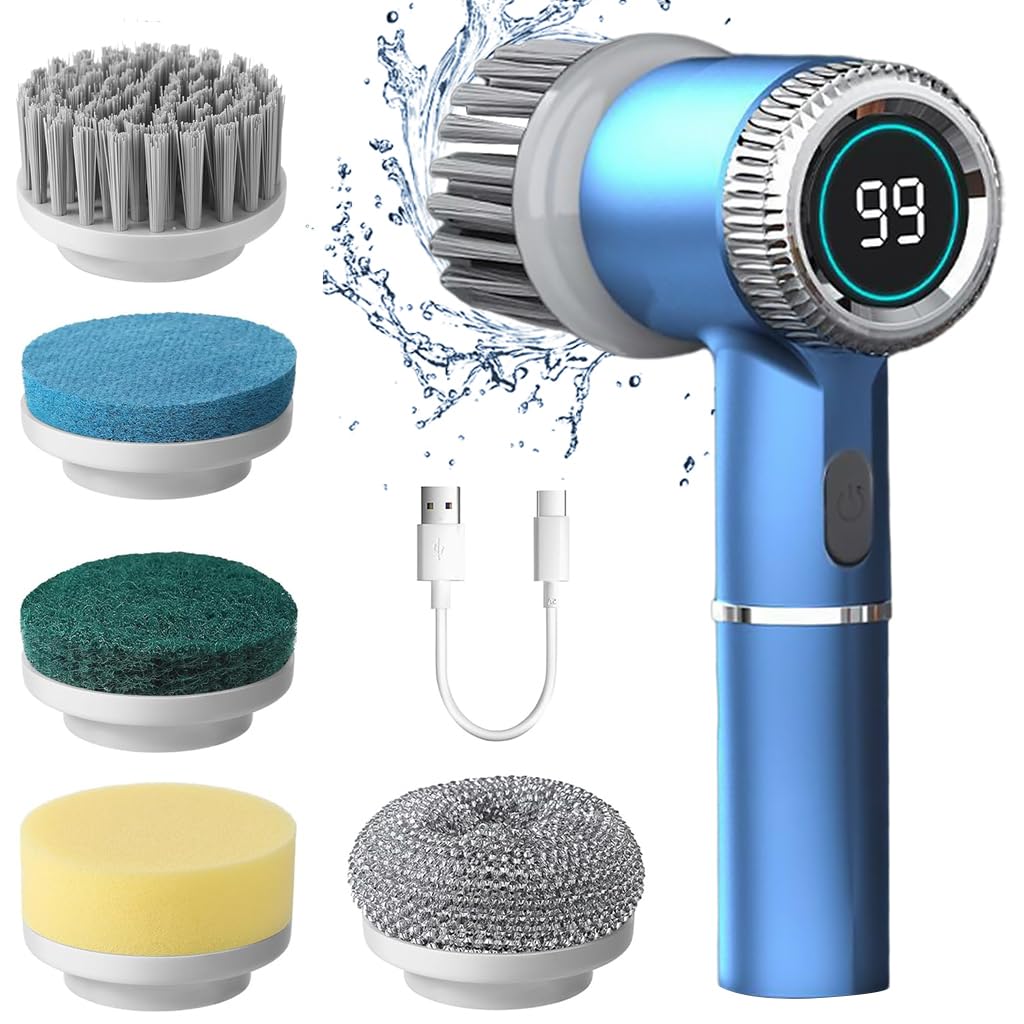 Serplex® 5-IN-1 Electric Scrubber, Electric Spin Scrubber Cleaning Brush with 5 Brush Heads, Cordless Electric Cleaning Brush, 3 Speeds & Max 2400RPM, Handheld Electric Scrubber for Kitchen, Bathroom