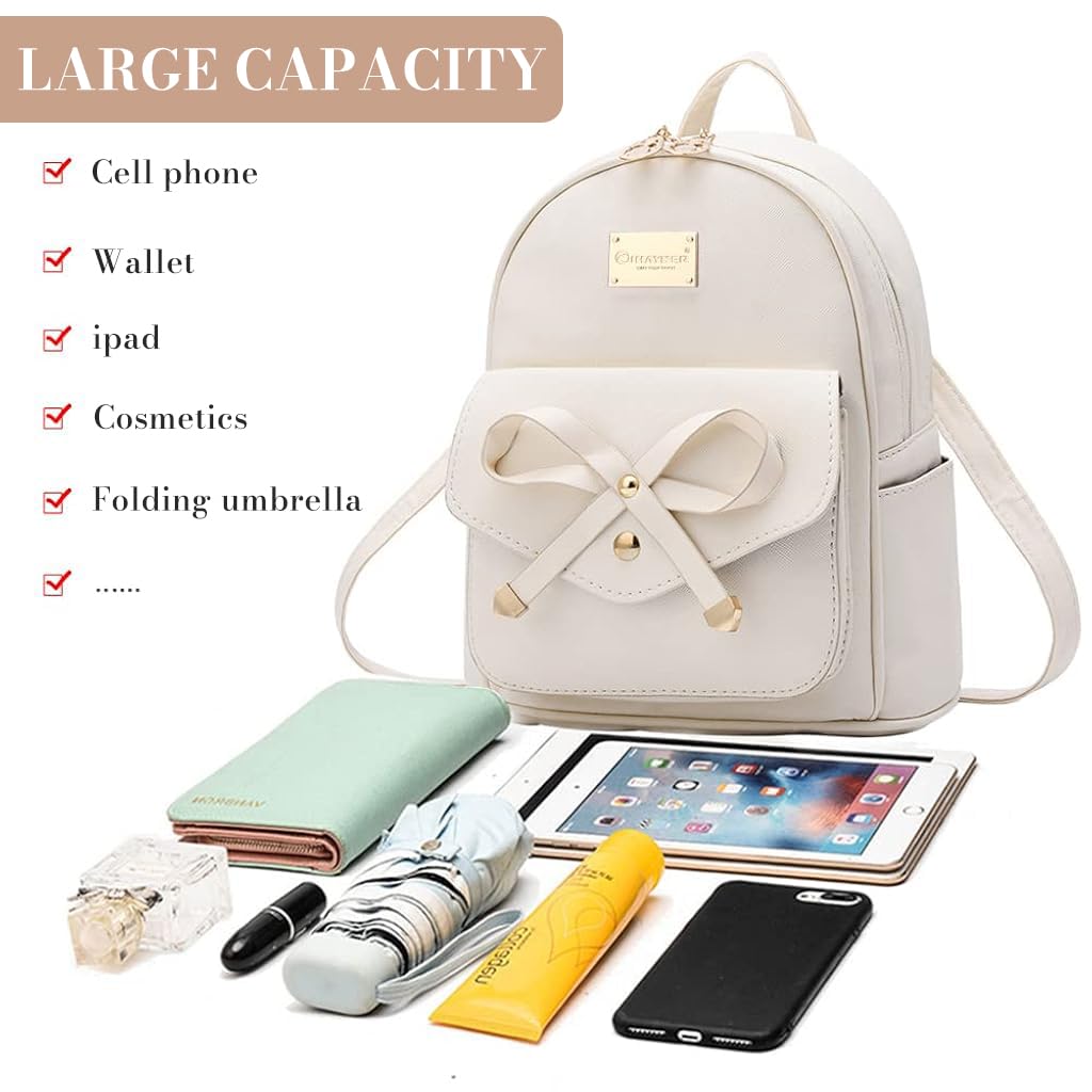 PALAY Girls Leather Backpack for School and Travel with Dual Zippers 22x13x24cm | White Bowknot Purse