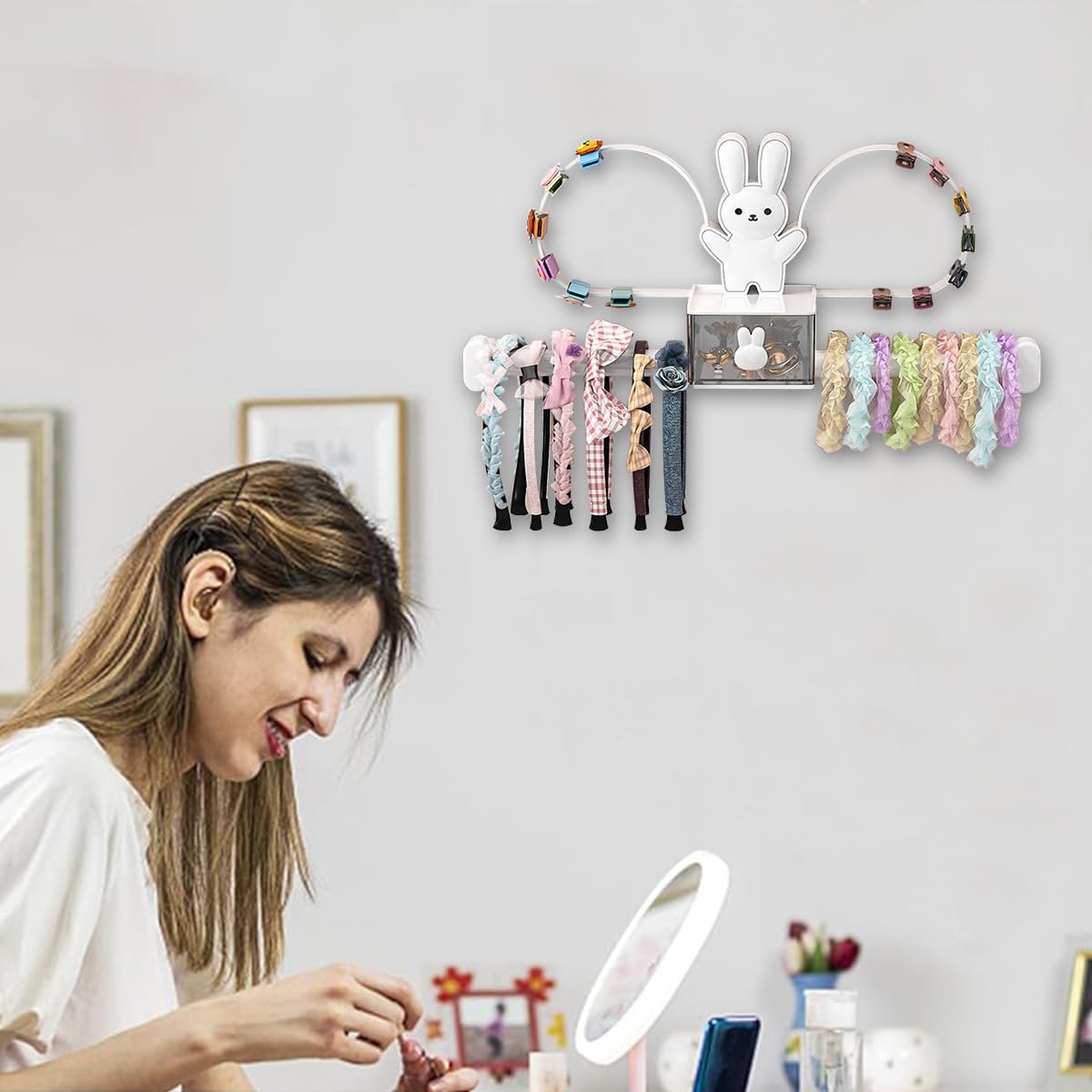 HASTHIP Headband Holder Organizer for Girls with Double Layer Design and Drawer | Cute Bunny Décor