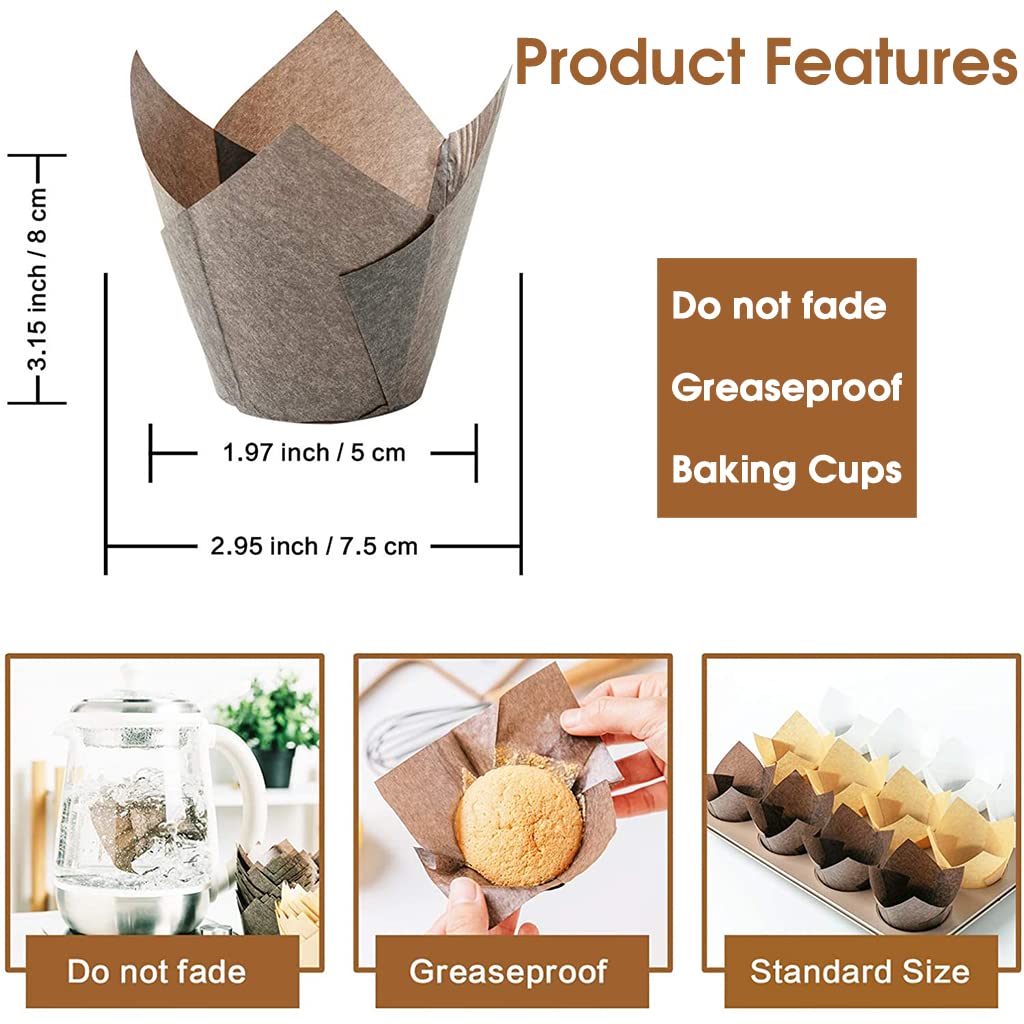 Supvox Cupcake Liners for Baking Weddings and Birthdays featuring 100pcs 5cm Tulip Design | Food Grade Greaseproof Paper in Golden Printed Brown