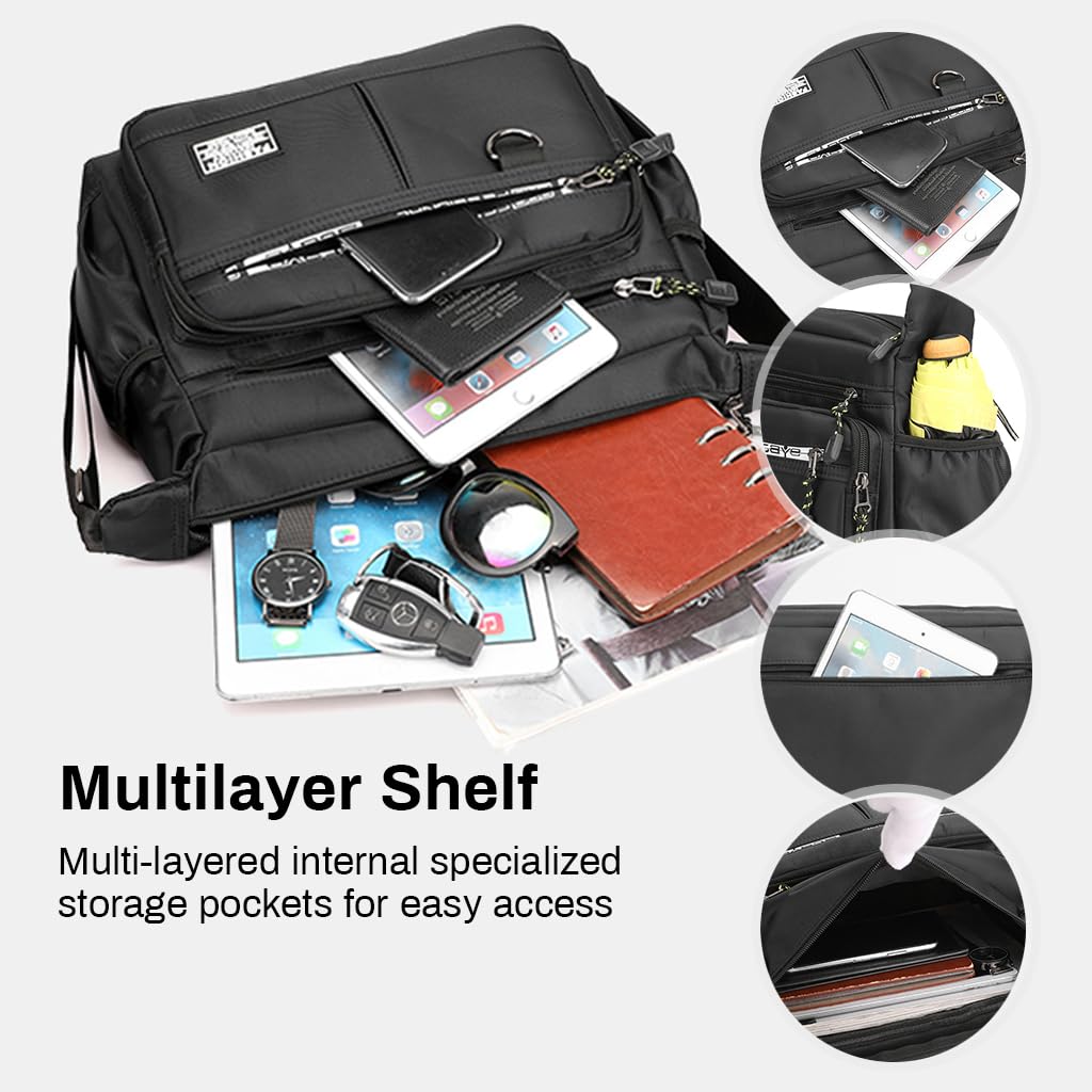 GUSTAVE Messenger Bag for Men with Multi Pocket Organizer 31x12x24 cm Polyester Black | Daily and Travel Use