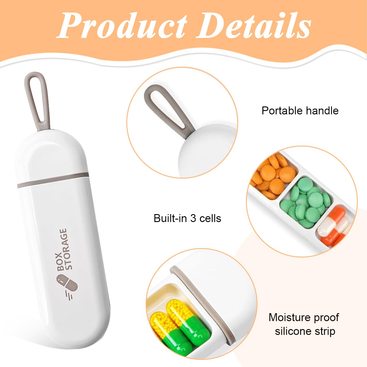 HANNEA Travel Pill Organizer for Daily Use with 3 Compartments 14x3.6x1.6 cm and Silicone Seal