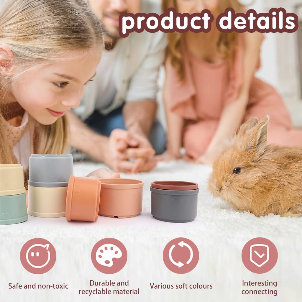 Qpets Bunny Toy for Foraging Fun with 8 Pcs Stackable Cups | BPA Free Pastel Design