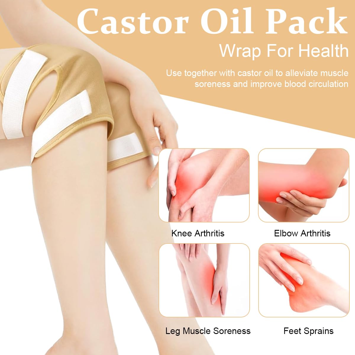HANNEA Castor Oil Pack Wrap for Knee Pain Relief with Adjustable Velcro Closure | 2 Pack 23x20cm Reusable Flannel and Waterproof Design