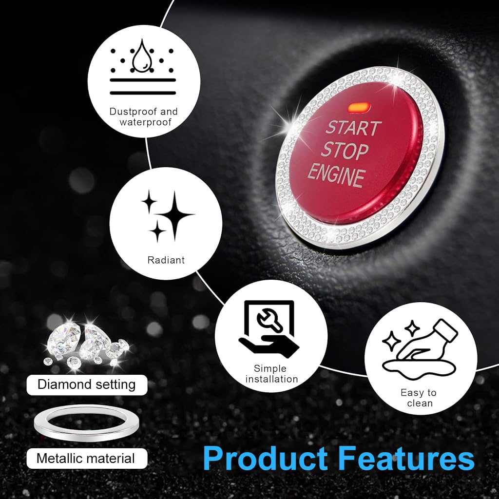 STHIRA Crystal Double Rhinestone Car Push Start Button Cover 4PCS for Womens Interior | Sparkling Engine Stop Decoration