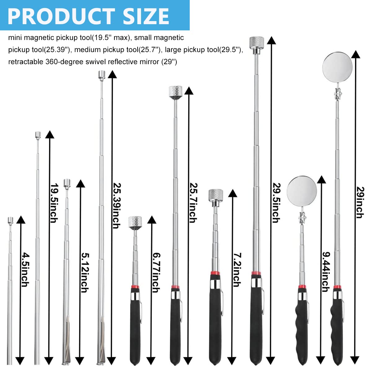 HASTHIP Magnetic Telescoping Pick Up Tool Set with 1lb to 15lb Rods and 360° Swivel Mirror | Ideal for Hard to Reach Places