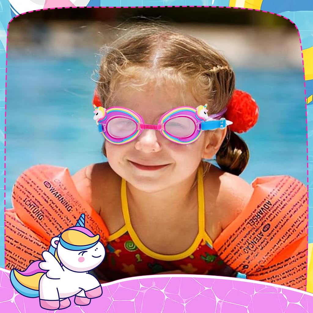 Proberos Kids Swimming Goggles with Anti Fog UV Protection featuring Cartoon Unicorn | 2PCS for Ages 6–12
