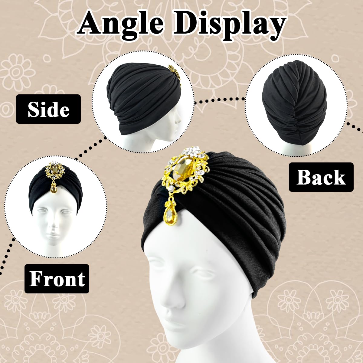 PALAY® Turban Cap for Women Skull Headwrap Alloy Crystal Tassel Hair Turban for Women Cozy Fabric Soft Head Cover Black Headwear for Wedding, Festival, Church