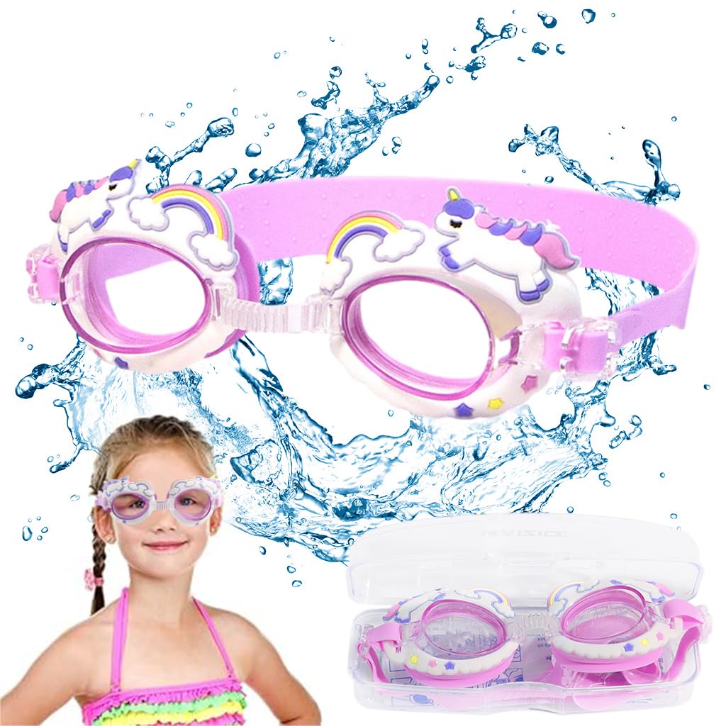 Proberos® Kids Swimming Goggles, Grils Adjustable Strap Goggles for Swimming,  Rainbow Horse Waterproof Swimming  Goggles Swimming Goggles Anti-Fog, UV Protection for Kid(Age 3-10)