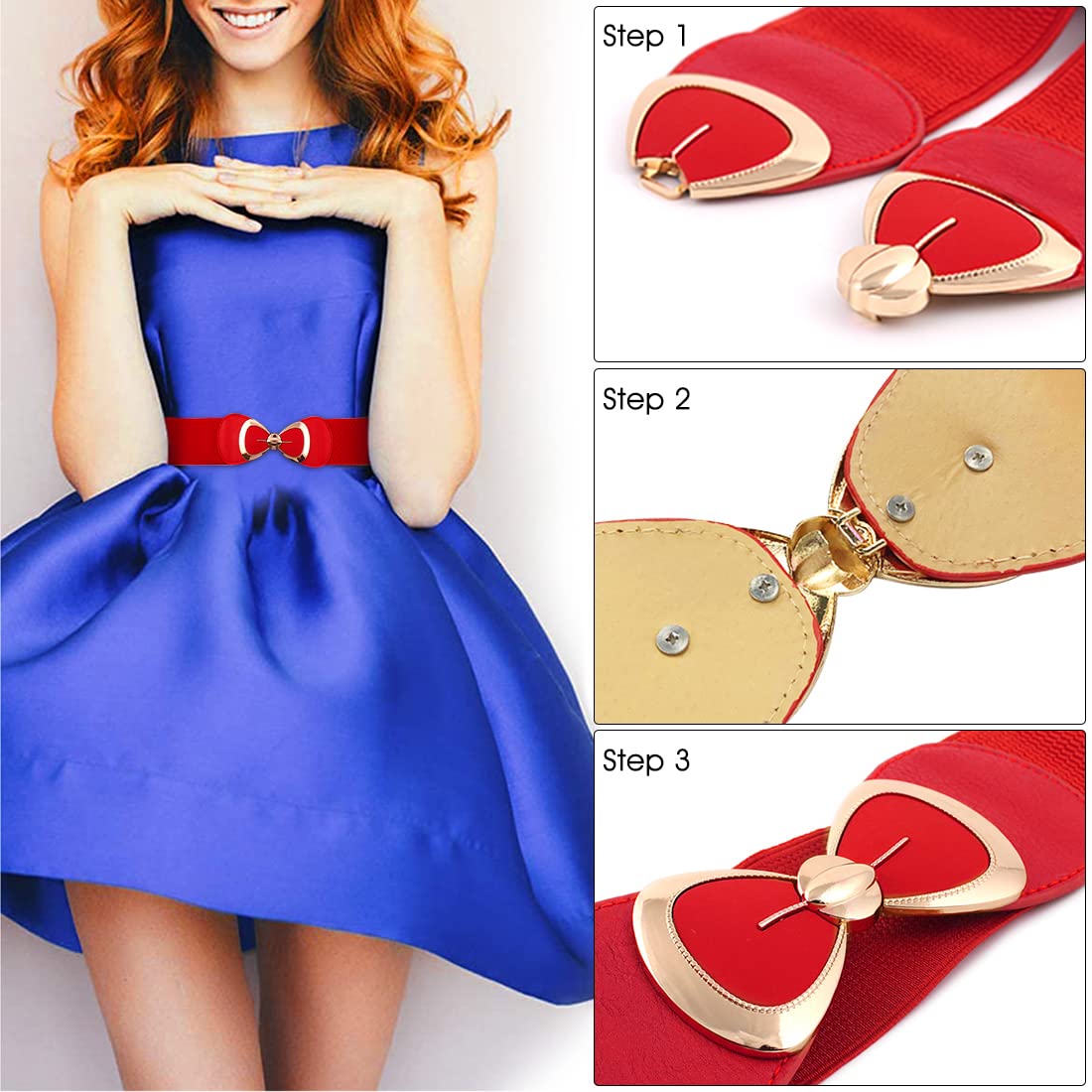 Zibuyu Waist Belt for Dresses with 2.3 in Width and Interlocking Bowknot Buckle | Red Elastic Style