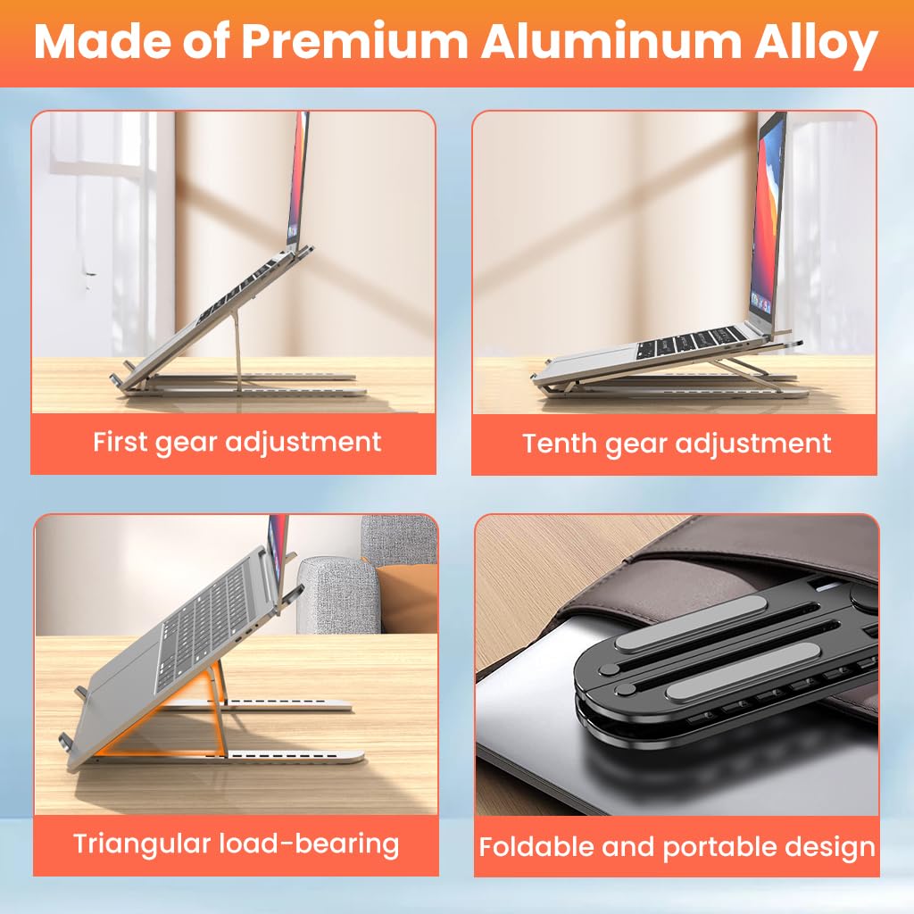 ZORBES Laptop Riser Stand with 10 Height Levels featuring Adjustable Ergonomic Design | Aluminum Alloy Foldable Support for Desk and Office