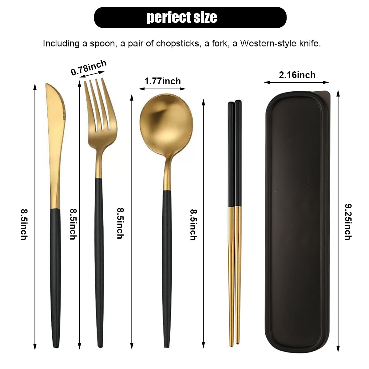 Supvox 410 Stainless Steel Knife Fork Spoon Chopstick Set, Portable Travel Utensil Flatware Sets with Case, 4Pcs Spoon Fork Knife Chopstick for Picnic Camping Travel & Outdoor Lunch (Black Gold)