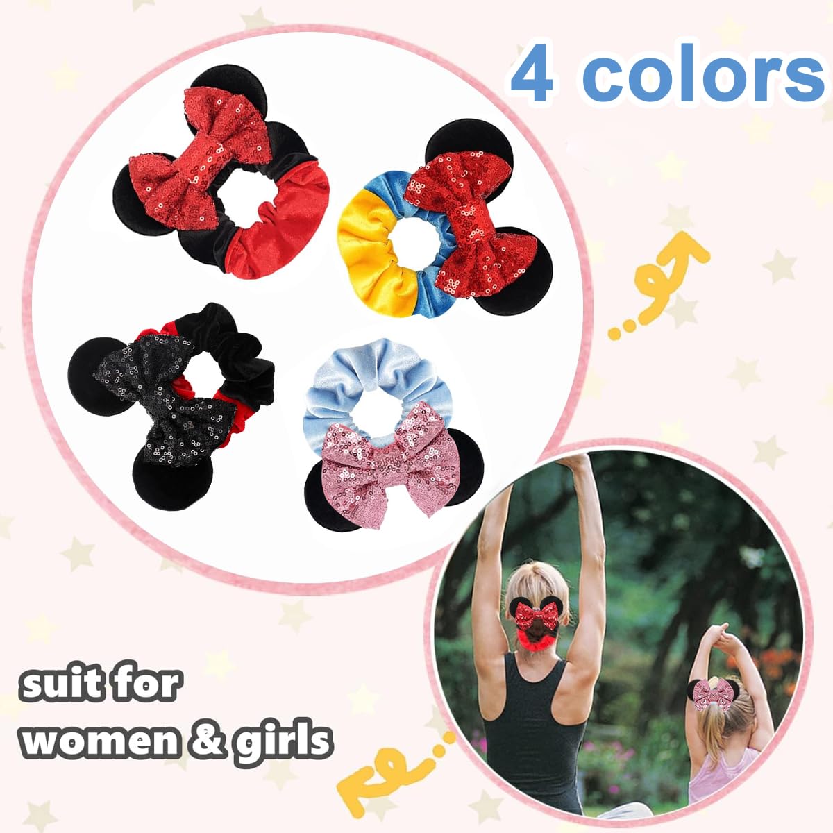 PALAY Girls Scrunchies for Ponytails with Sequin Bow and Mickey Ears 4pcs | Soft Flannelette Elastic Hair Ties
