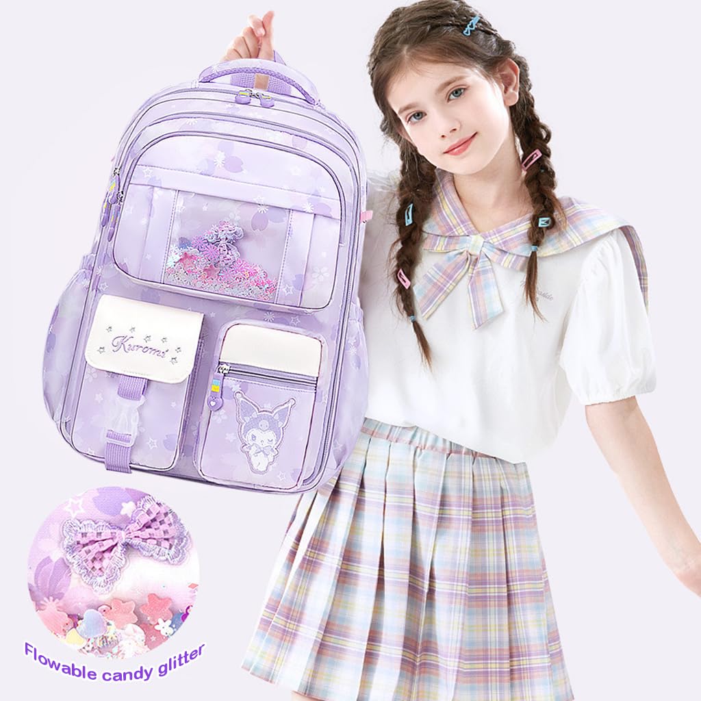 PALAY Kuromi Backpack for School Girls Sanrio Kuromi School Backpack Multi Layer Large Book Bag Burden Relief Travel Backpack School Backpack for 8-16 Years Olds School Girls Teens, 45x31x19cm
